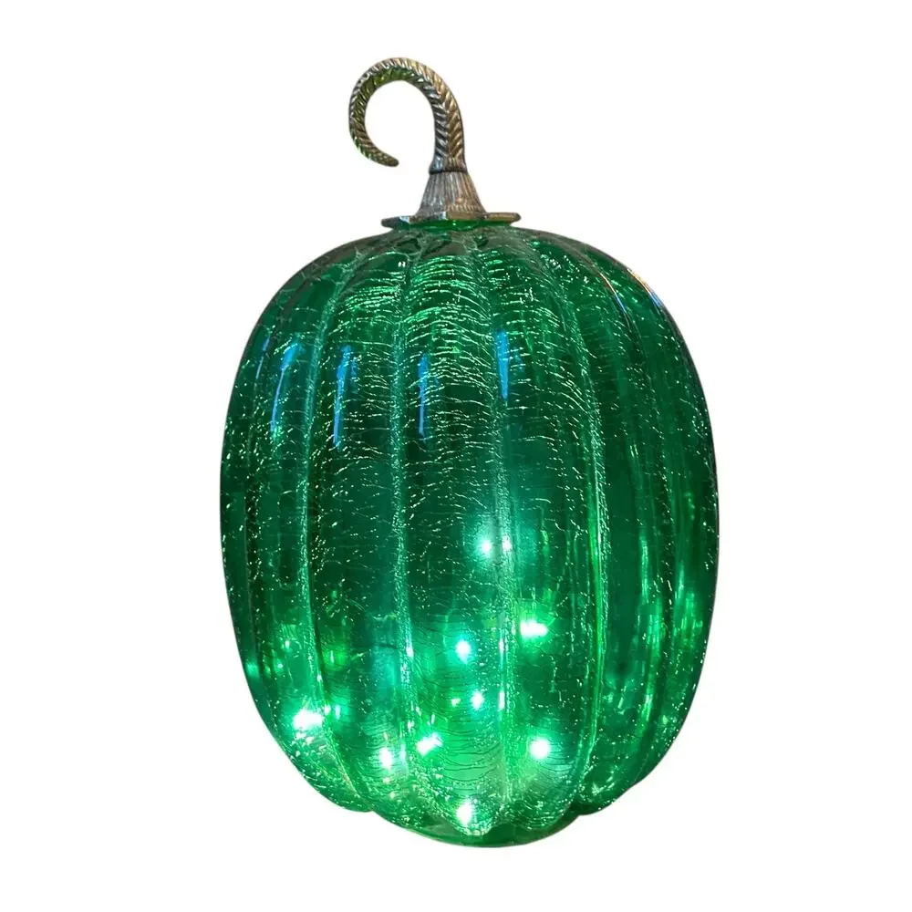 Illuminated LED Green Glass Pumpkin Gold Metal Stem 12.5
